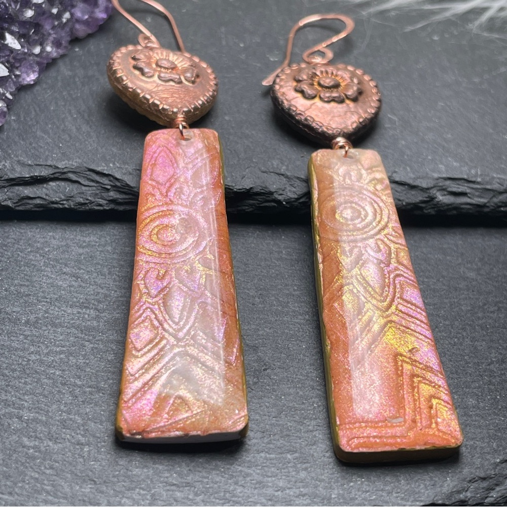 HOST PICK Hand Crafted Copper and Pink Dangle Embossed Resin Heart Earrings - Picture 8 of 16